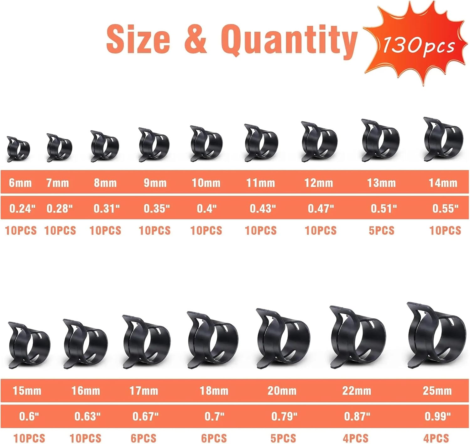 130PCS with Plier Spring Band Clamps Hose Pipe Clamp Assortment Kit Low Pressure Air Clip Clamp 6-25mm