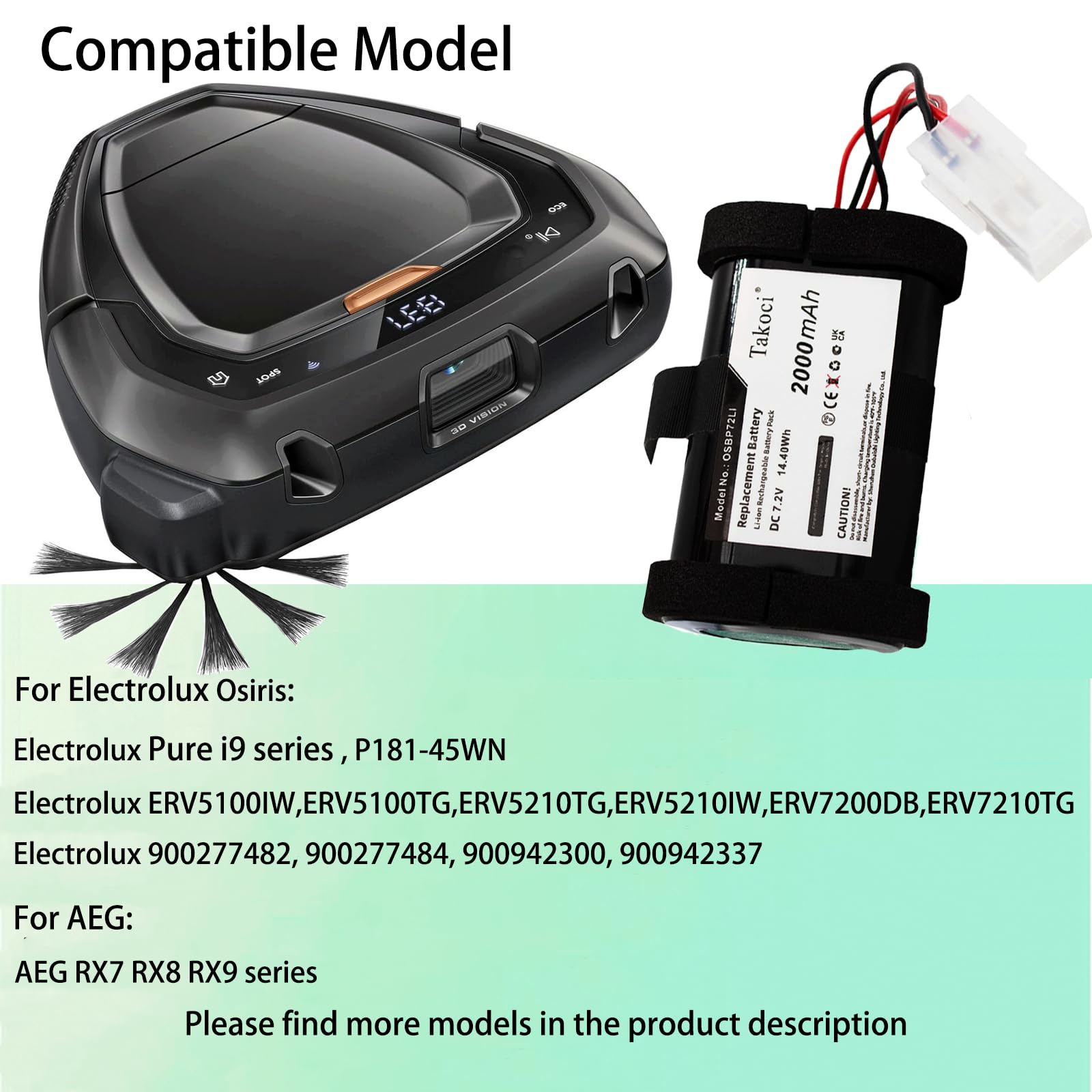 Batterie remplace Electrolux OSBP72LI25 405537959/0 4060001007 2000mAh 7,2V