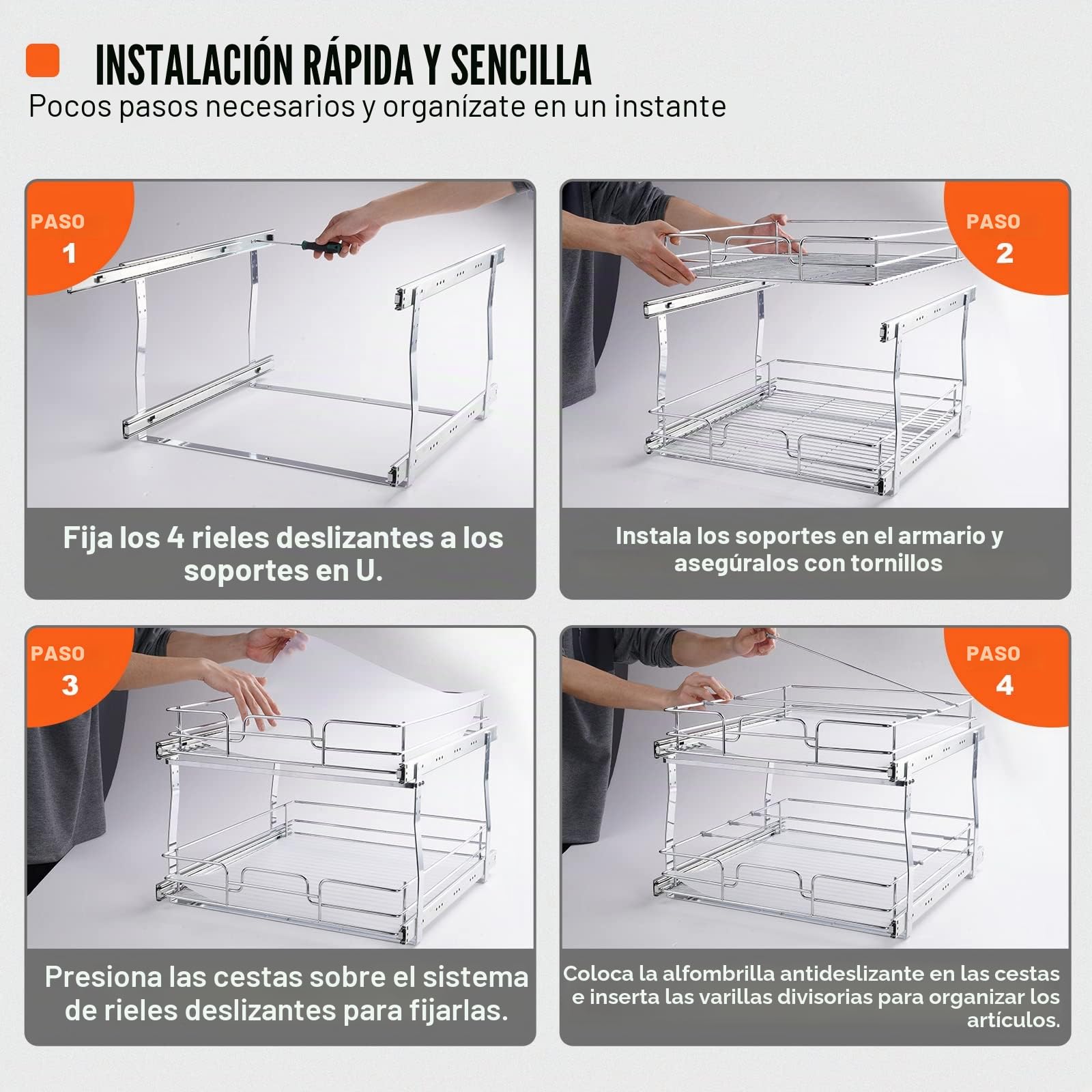 VEVOR Estante Debajo del Fregadero 2 niveles 431x539x383 mm Estante Deslizante para Armario de Acero Cromado con Estantes Carga de 30 kg Deslizamiento Suave Tamaño de Instalación 461x569x483 mm