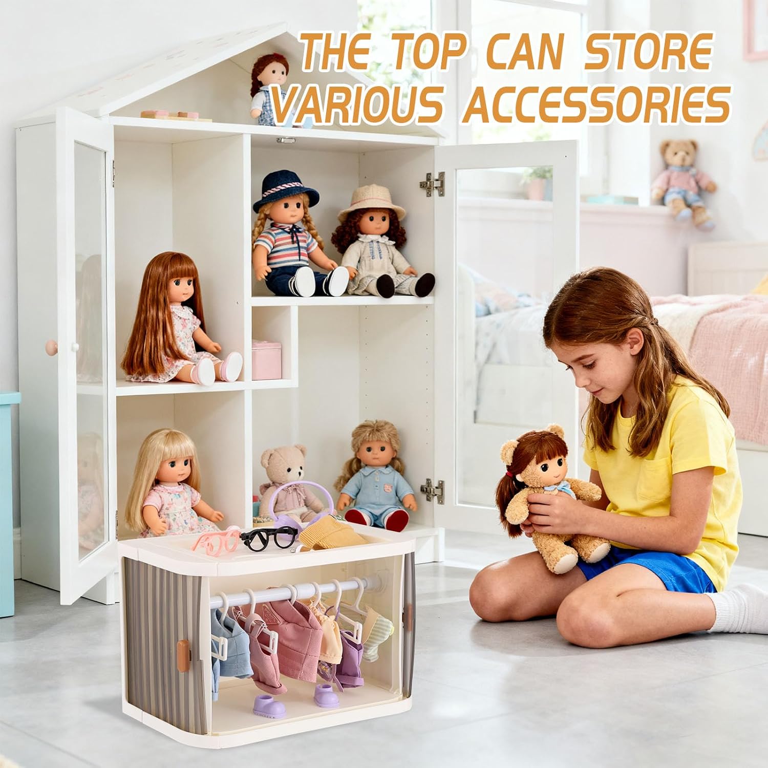 Doll Wardrobe Storage Box Compatible with Labubu Clothes, Dolls Storage Closet with 10 Hangers & Rod, Foldable Organizer Cabinet with Dust-Resistant Cover and Display Shelf for 15/17cm Doll Clothes