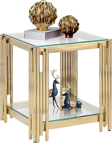 SSLine Mesa auxiliar de vidrio templado,Mesa auxiliar cuadrada moderna con estante inferior,Mesas centrales de lujo con marco de acero inoxidable