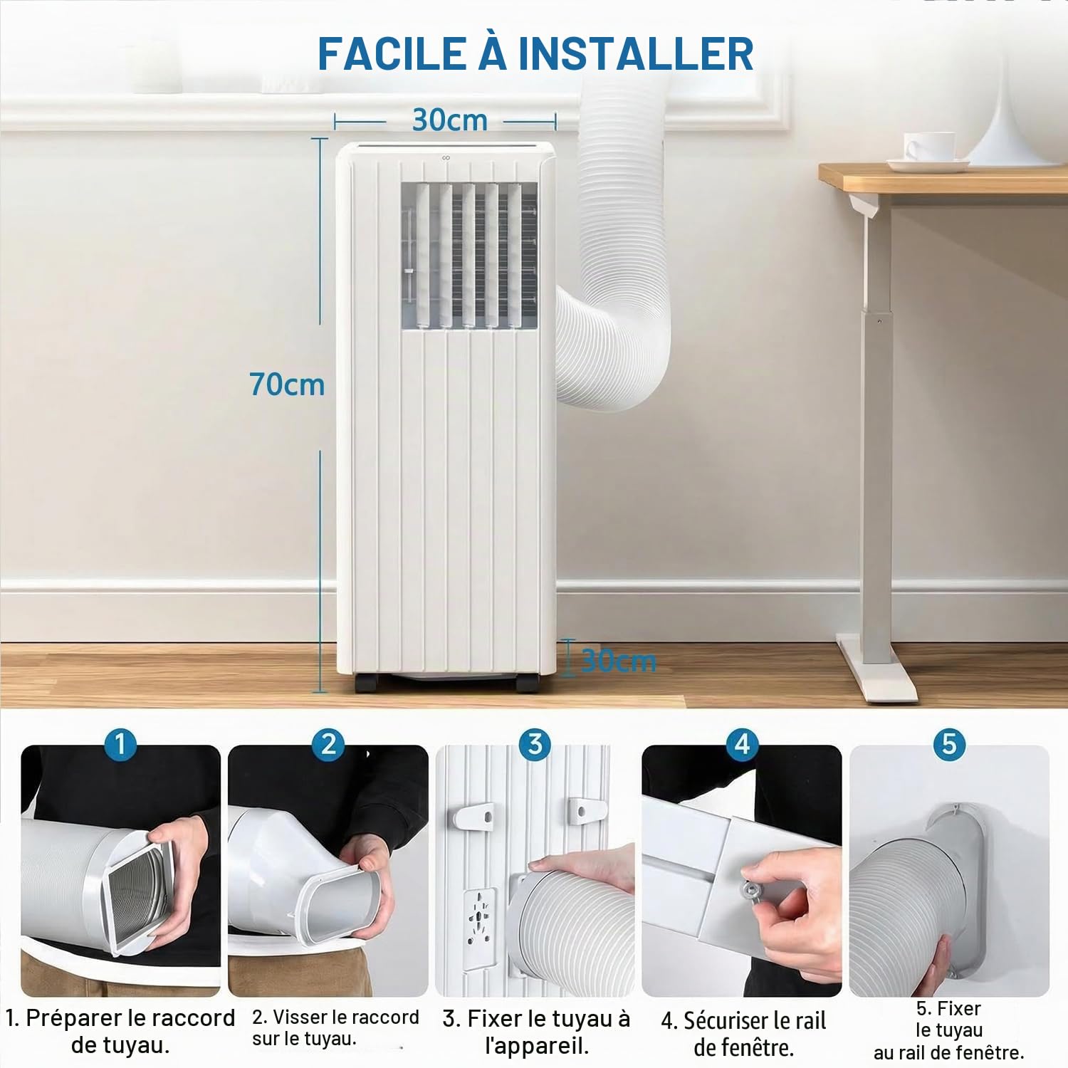 Garvee Climatiseur mobile 7000 BTU, 3 en 1, refroidissement, déshumidification, mode veille, 2,0 kW avec tuyau d'échappement, télécommande, temps de 24 h, pour pièces jusqu'à 18-25 m²