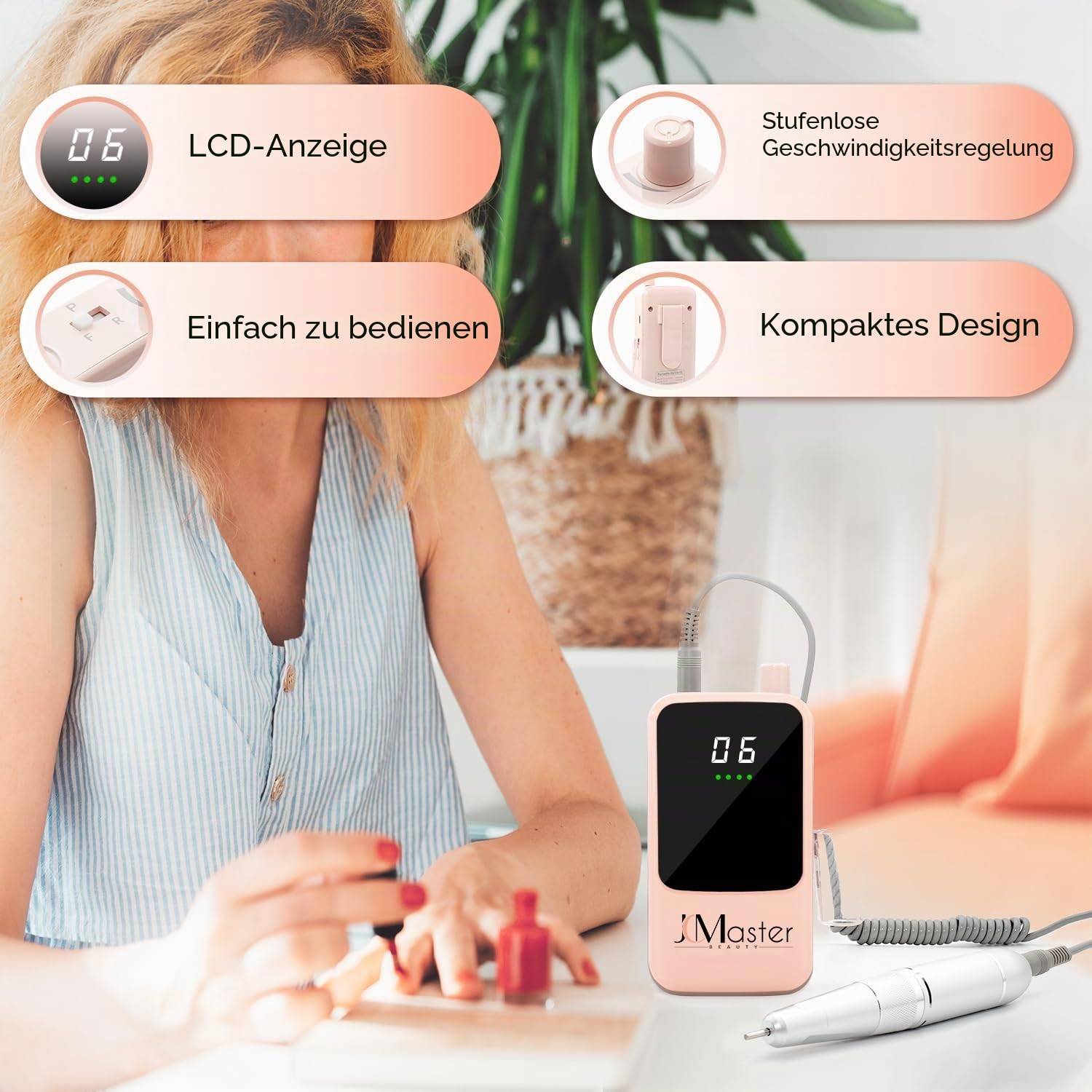 Nagelfräser JCMaster Profi, Fräser Nägel 35.000 U/Min, tragbare Elektrische Nagelfeile für Gelnägel Acrylnägel mit wiederaufladbare Batterie, elektrische Nagelfräser, inkl 12x Bits, Knopfsteuerung