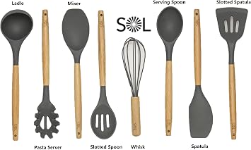 SOL -Utensil Holder for Kitchen Set Silicone Cooking Utensils with Wooden Handle 8pcs Set - Serving Spoon, Slotted Spoon, Mixer, Whisk, Spatula Set - Kitchen Utensil set (Grey)