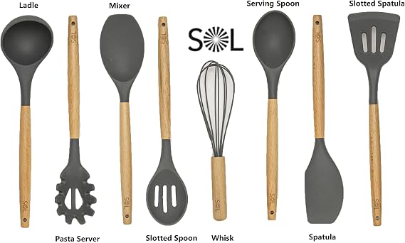 SOL -Utensil Holder for Kitchen Set Silicone Cooking Utensils with Wooden Handle 8pcs Set - Serving Spoon, Slotted Spoon, Mixer, Whisk, Spatula Set - Kitchen Utensil set (Grey)