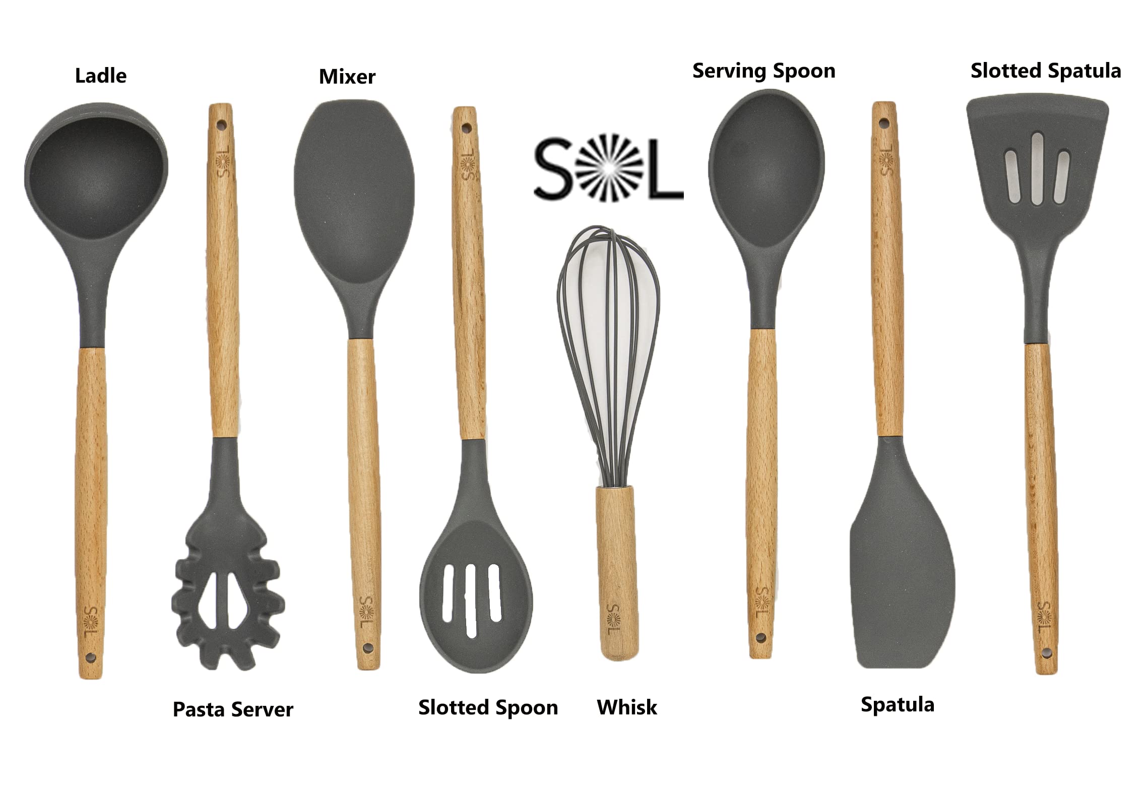 SOL -Utensil Holder for Kitchen Set Silicone Cooking Utensils with Wooden Handle 8pcs Set - Serving Spoon, Slotted Spoon, Mixer, Whisk, Spatula Set - Kitchen Utensil set (Grey)