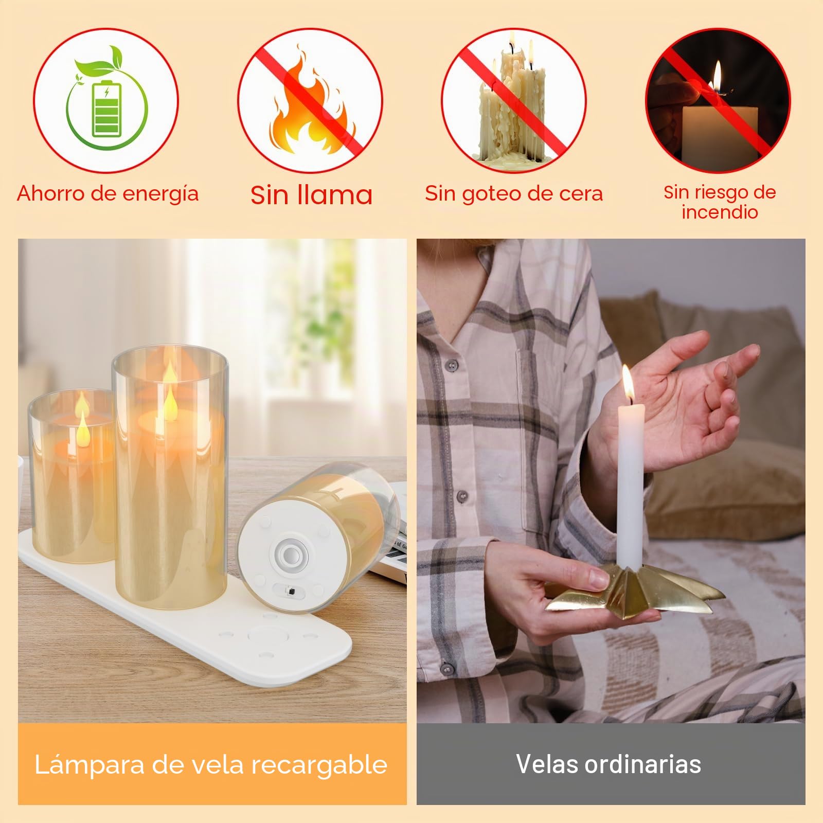 EXTSUD Velas LED sin llama recargables con estación de carga y mando a distancia, juego de 3 velas decorativas intermitentes de cristal con temporizador para fiestas, cumpleaños, bodas (Marrón)