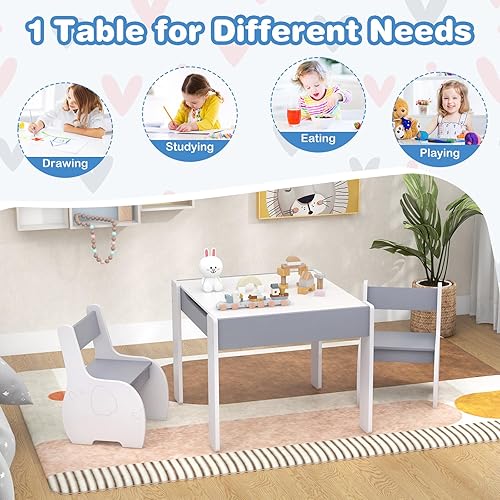 Miniatura 7 de Costzon Juego de mesa y silla para niños, mesa de actividades de madera 4 en 1 y 2 sillas con pizarra desmontable para arte, manualidades, dibujo,