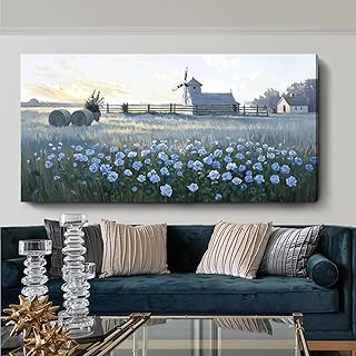 12 Country Living Room Ideas with Classic Comfort 47 amatop Oversized Farmhouse Wall Art: Blue Rose & Windmill Botanical Land...
