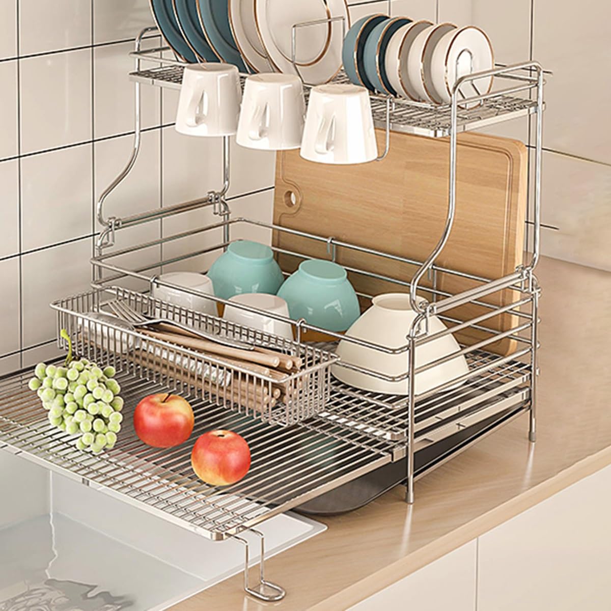 Escurridor de Platos Extensible con Bandeja recogegotas, escurridor Grande de encimera, escurridor con Soporte para Copas de Vino, portavasos y Soporte para Cubiertos (Plateado, 2 Niveles)