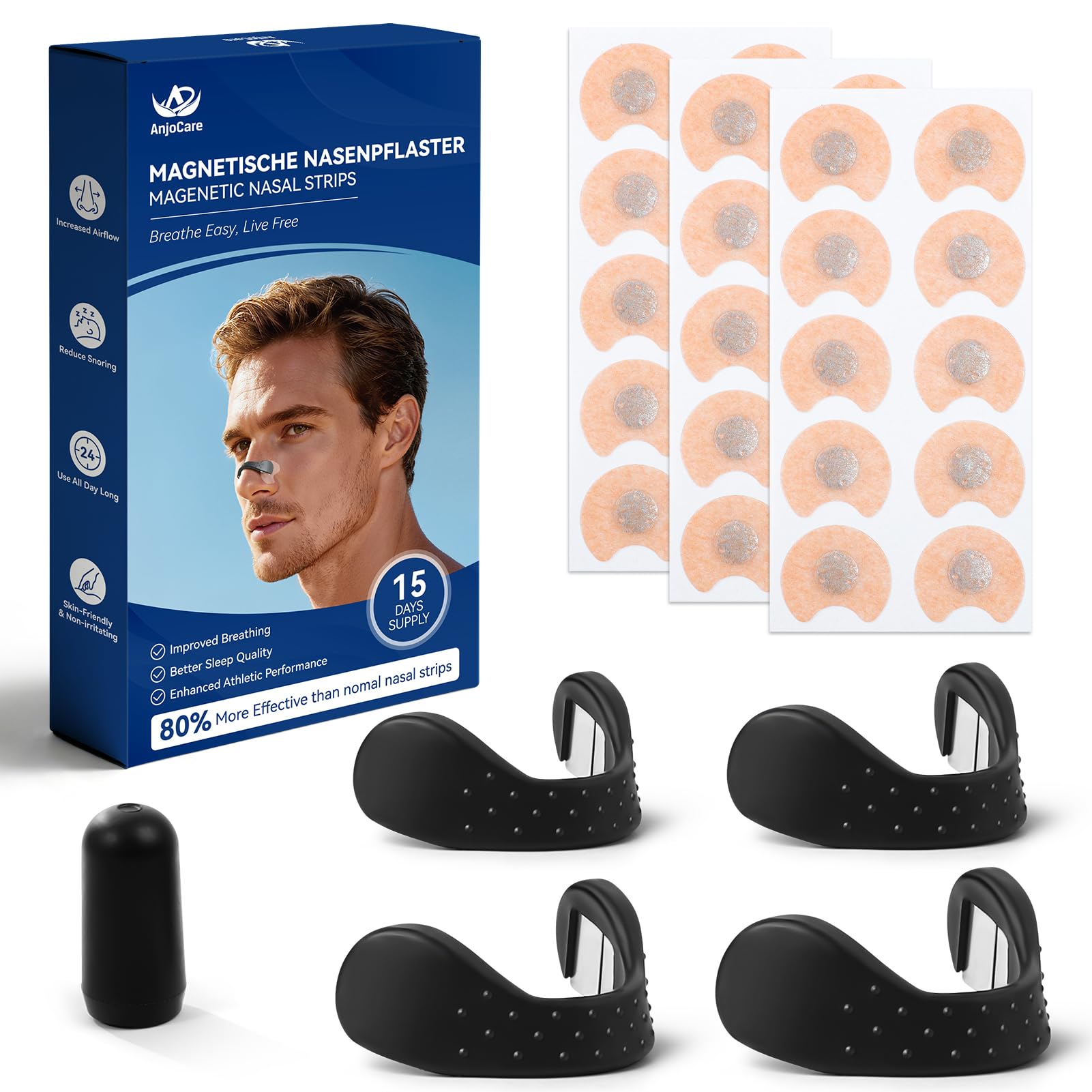 Tiras nasales magnéticas AnjoCare, tiras nasales para respirar, Nasal Strips antirronquidos para respirar mejor, mejorar la calidad del sueño, mejorar el flujo de aire nasal,Reducir los ronquidos