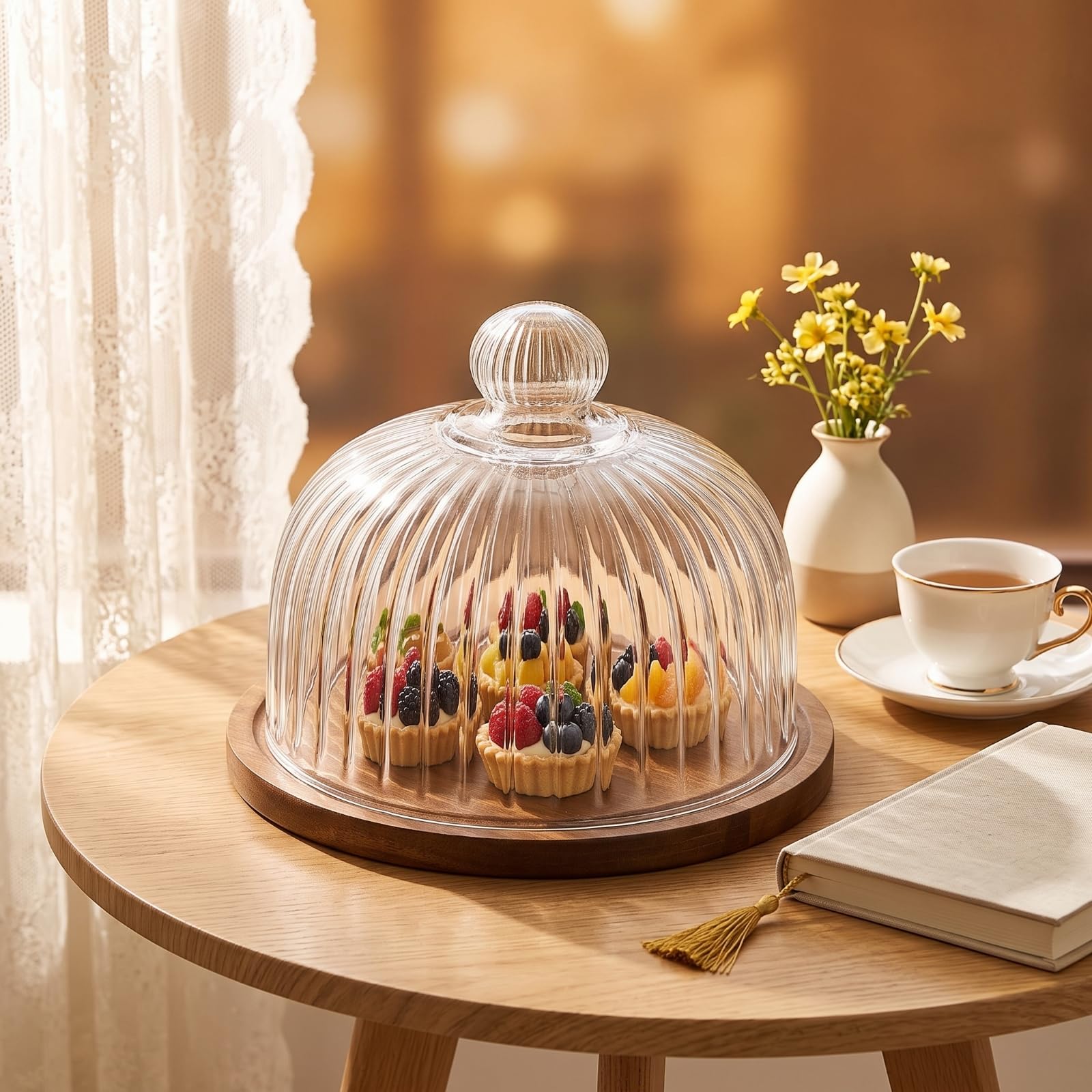 Klar Kuchenplatte mit haube, Große Größe, Akazienholztablett Mit 26-cm-Glasg