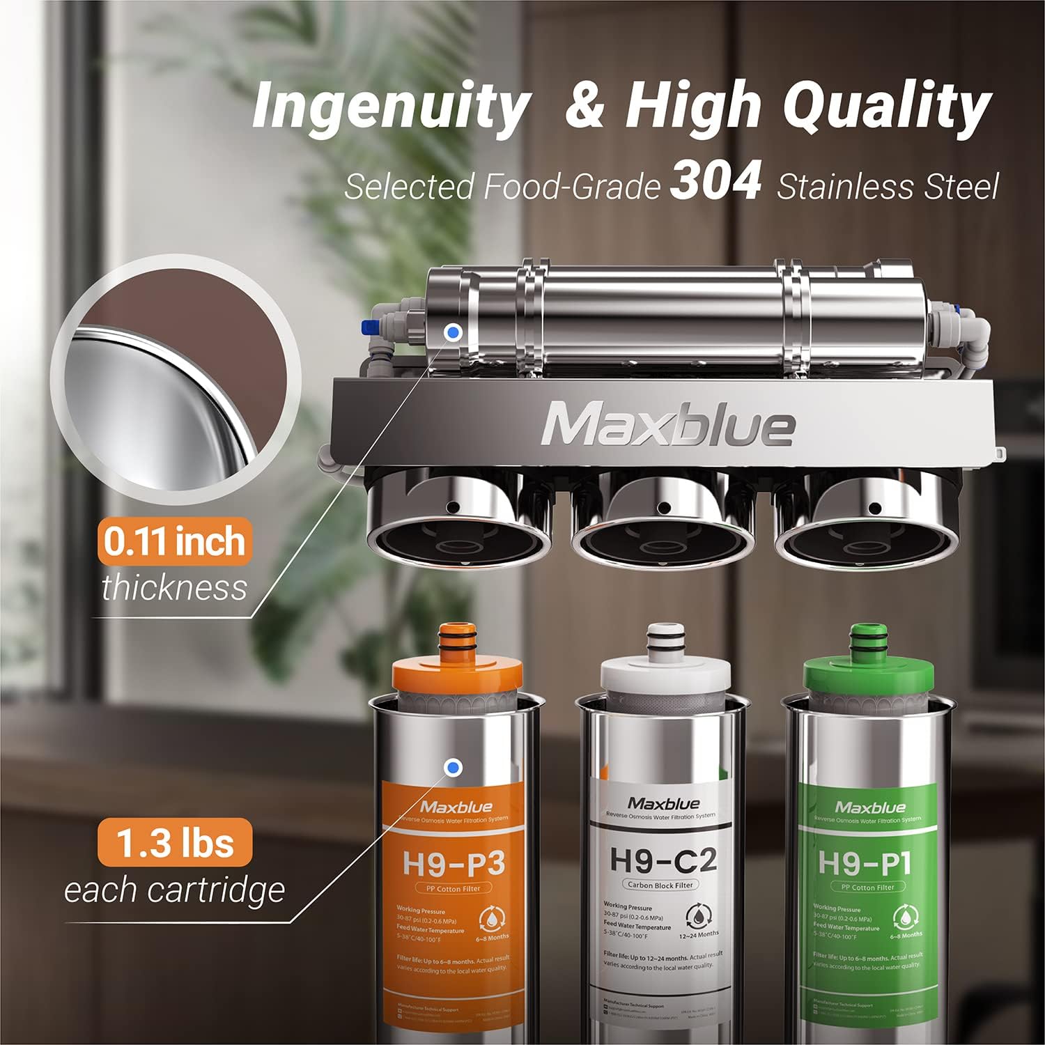 Maxblue RO 5-Stage Reverse Osmosis Water Filtration System, Stainless Steel, TDS Reduction, 75 GPD Fast Flow, Compact, 1:1 Drain Ratio, Remineralization, USA Tech, Metal Faucet