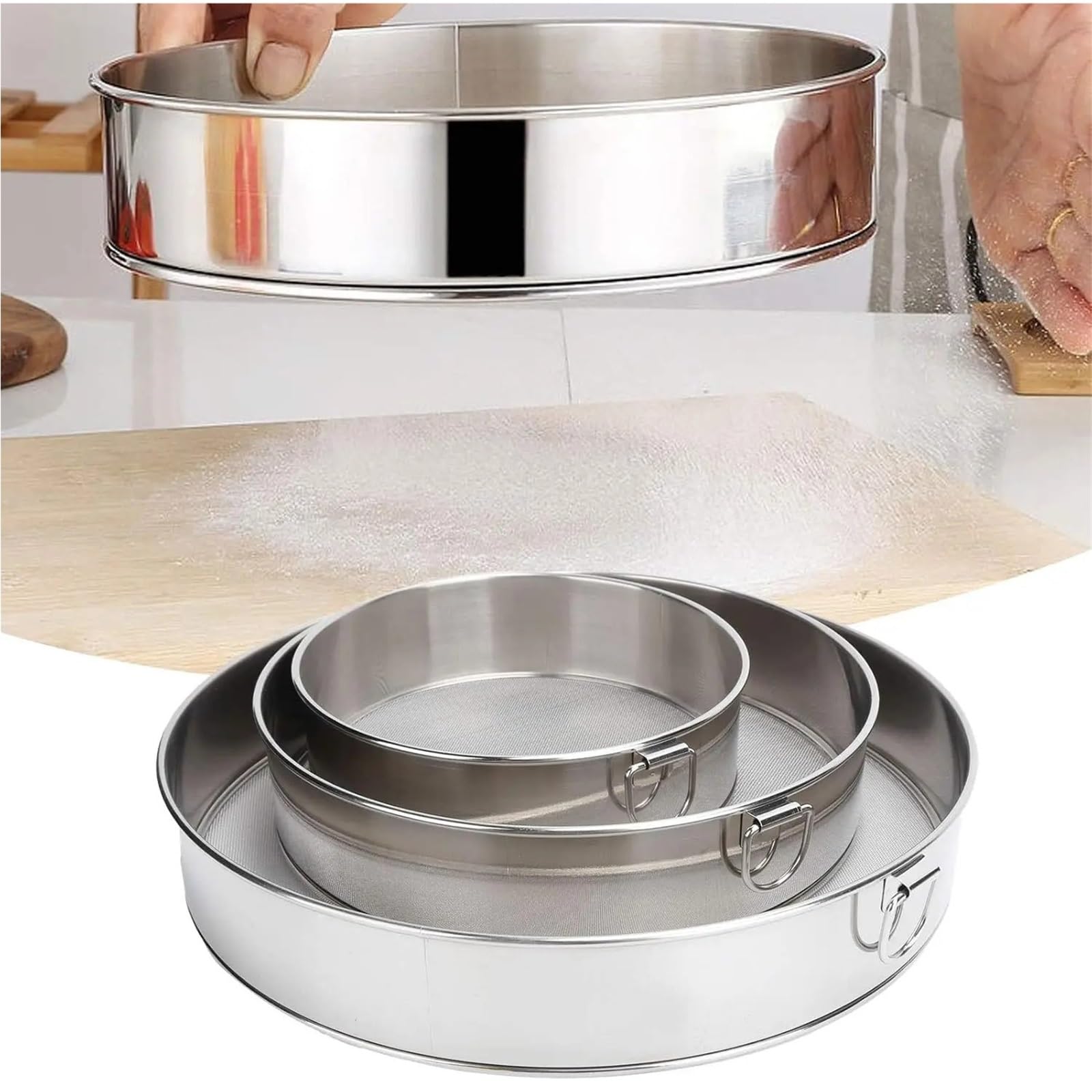 Sita do mąki ze stali nierdzewnej, Przesiewacz do mąki ze stali nierdzewnej 304 z drobnymi oczkami, ciasta, pieczenie, gotowanie, srebro 15-25 cm(Silver 25cm)