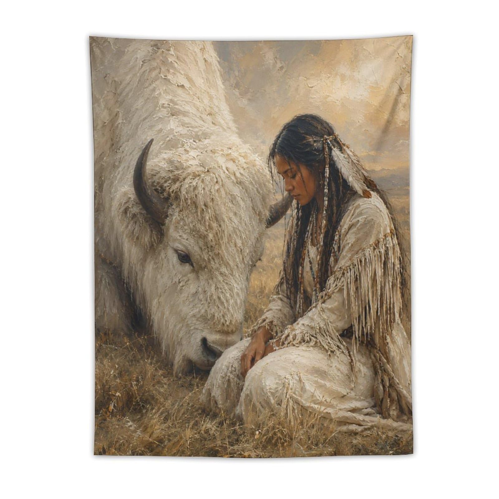 W7C8U2X3 White Buffalo Woman Portrait Wall Tapestry, Native Prairie Legend