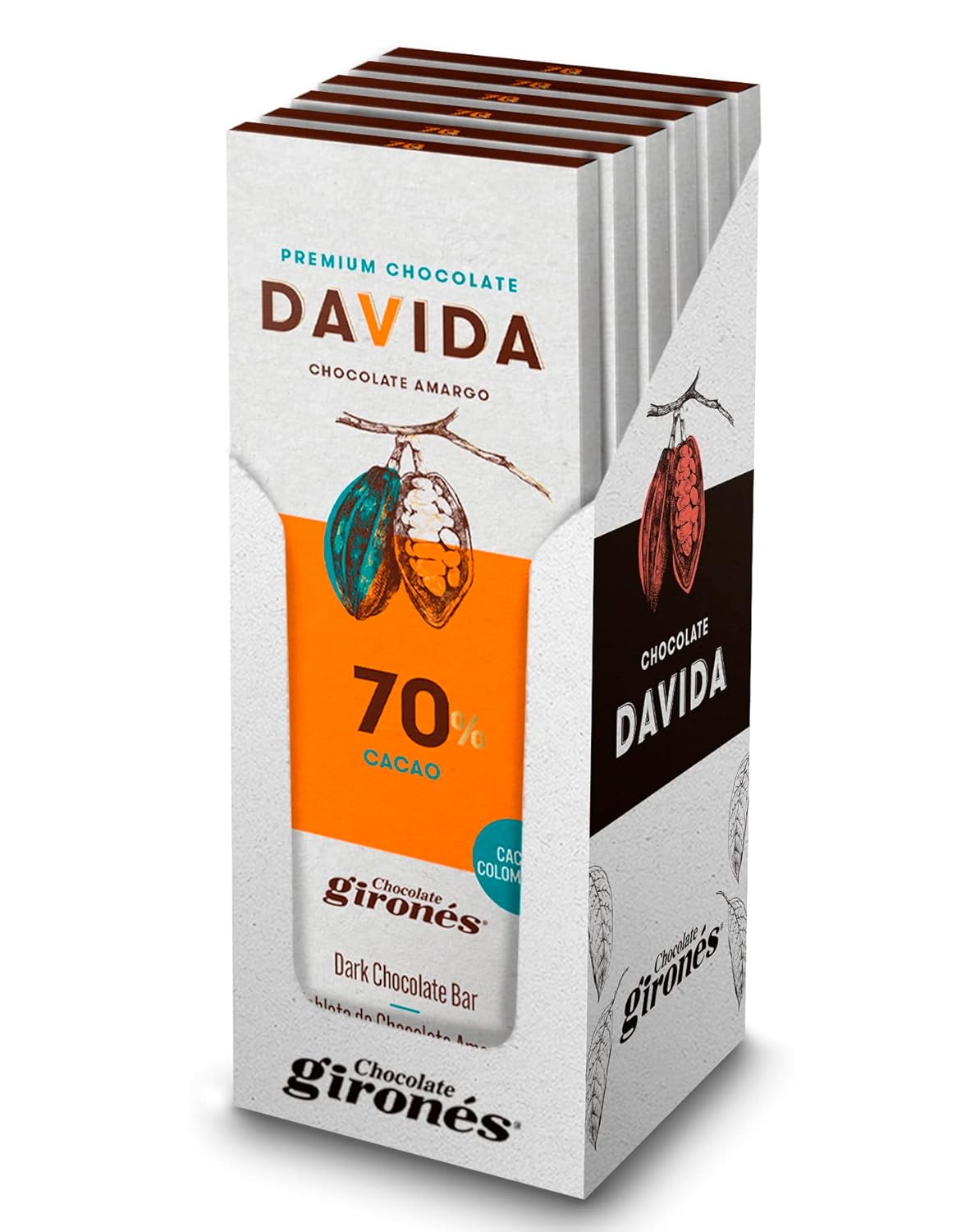 DAVIDA Chocolate Bars, 70% Cacao Premium Colombian Dark Chocolate (Pack of 6) 1.76 OZ