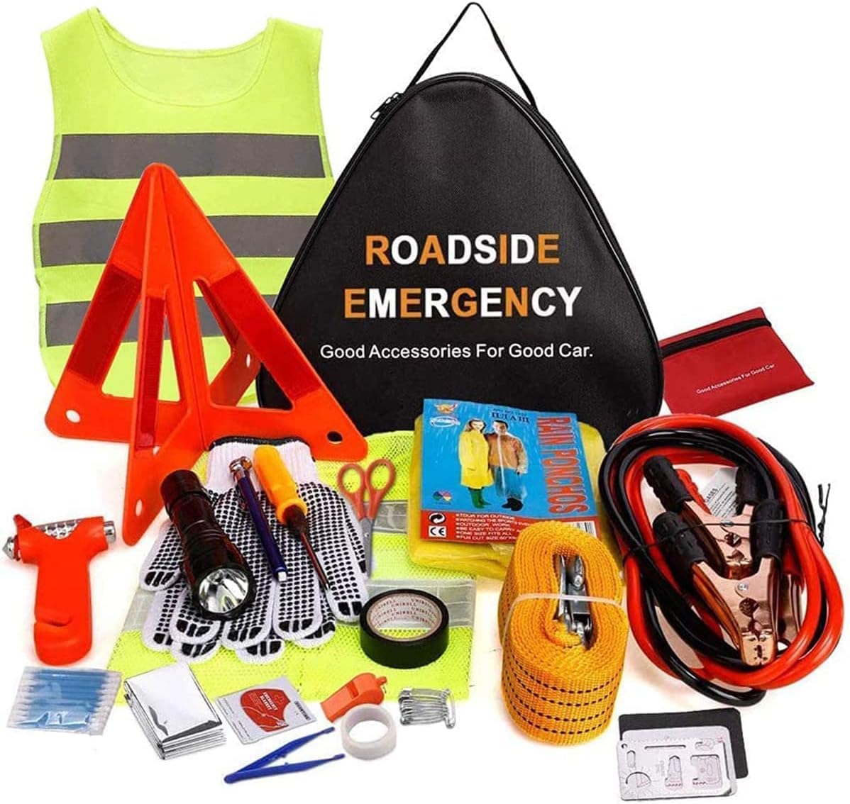 Emergency Car Kit, 24 in1 Portable Roadside Auto Emergency Safety Bag with Jumper Cables, First Aid Kit, Escape Tool, Reflective Warning Triangle, Tow Strap, Flashlight and More for Women Men Teen
