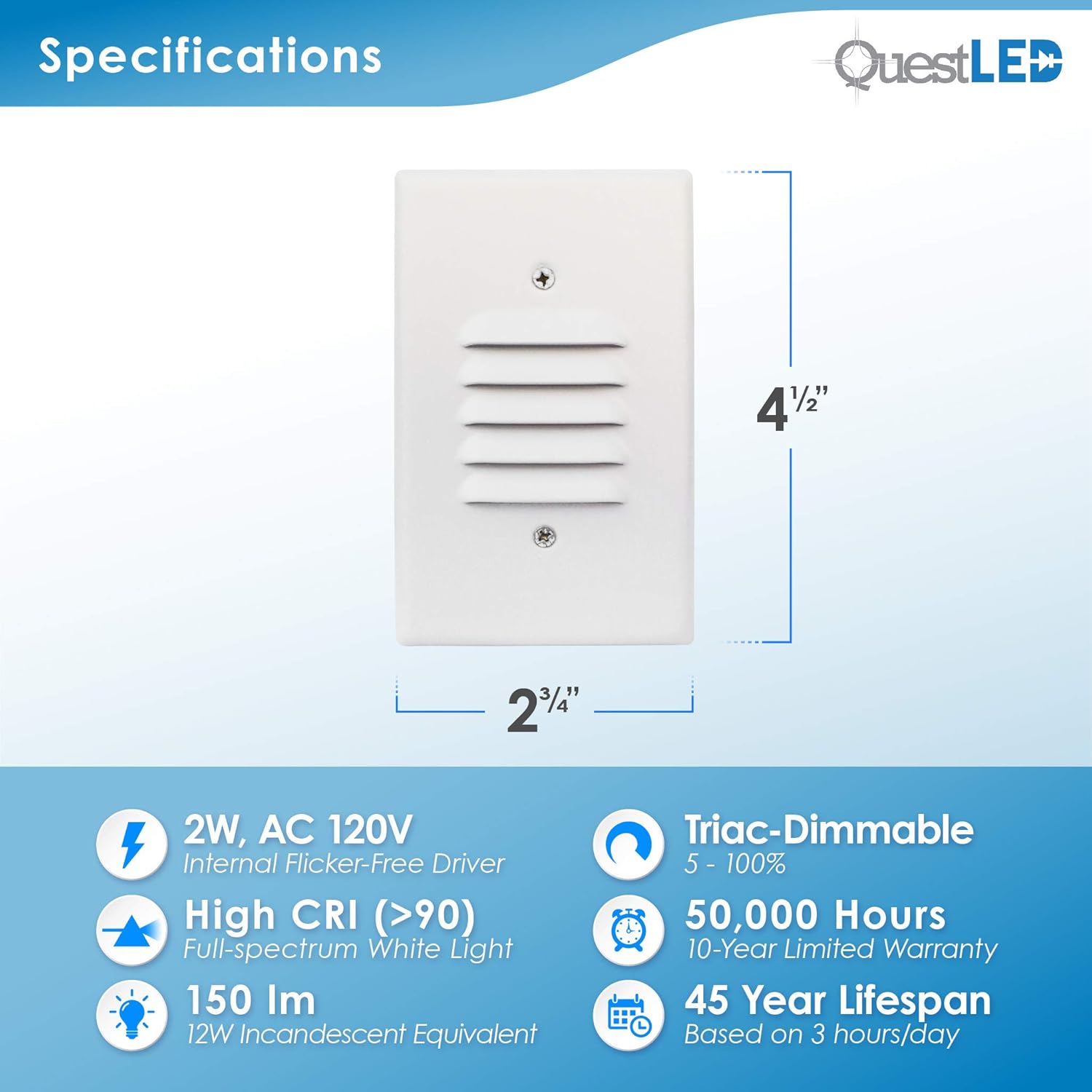LED 2W Step Light White Finish (4 Pack) Interchangeable Plate Flat Frosted (Horizontal Louver/Vertical Louver) 10 YR Warranty; Waterproof; Dimmable; 120V; 150 Lumnes (Cool White 4000K)