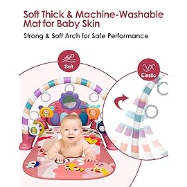 dearlomum Baby Play Mat Gym, Funny Play Piano Tummy Time Activity Mat with 5 Infant Sensory Toys, Music and Lights, Boy & Girl Gifts for Newborns 0 to 3 6 9 12 Months (Pink)