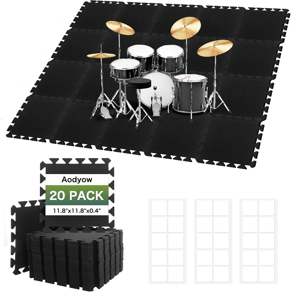 20 Pcs 11x 11 x 0.4 inches Sound Absorbing Interlocking Floor Mats, High Density Non-Slip Anti Vibration Sound proof Pads Acoustic Blankets for Drum Set,Thick Piano Carpet Drum Rug for Music Studio