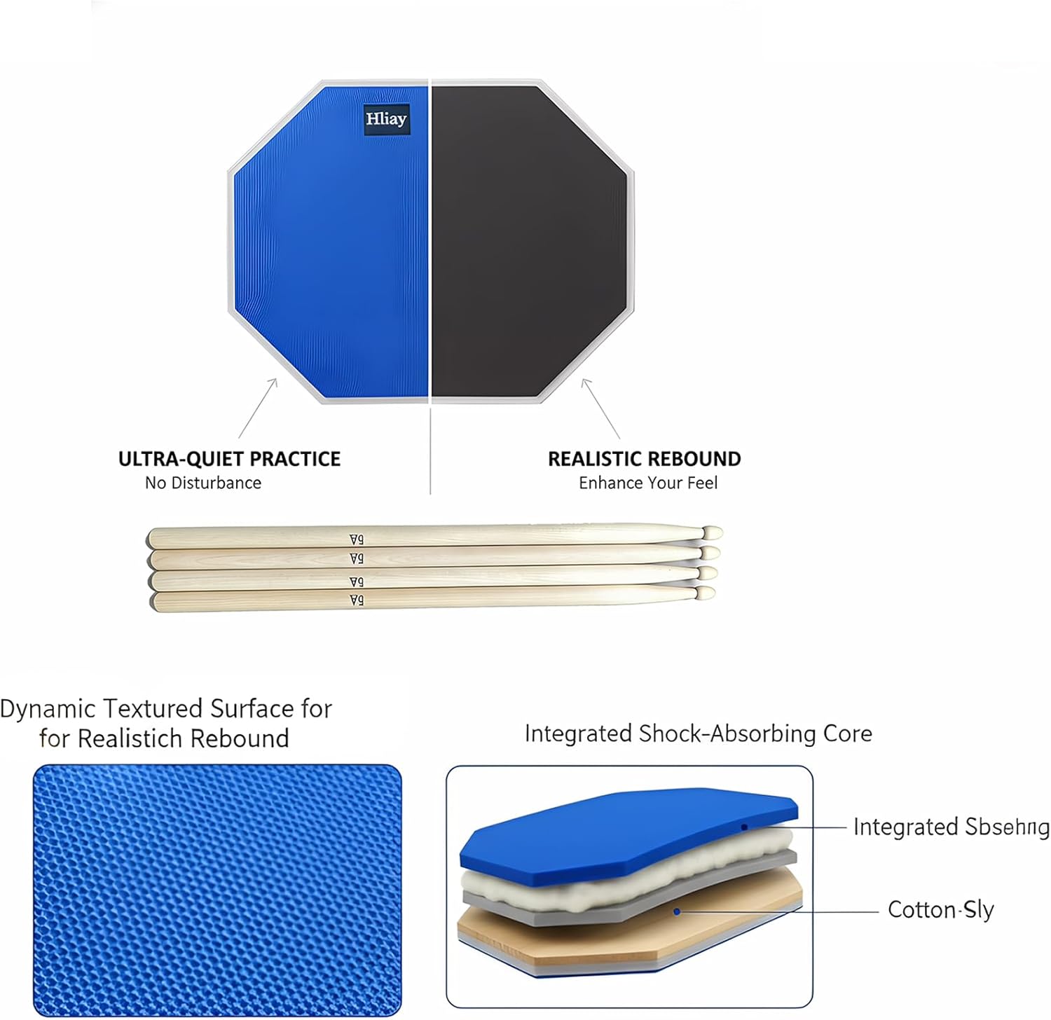 12 Inch + 8 Inch Double Sided Silent Drum Practice Pad Set, Professional Rubber Snare Drum Pad with 2 Pairs 5A Nylon Tip Drum Sticks, Portable Travel Drumming Accessories for Beginners & Adults (Blue)