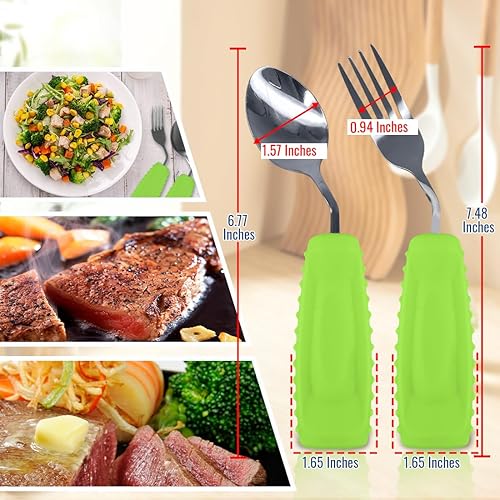 Miniatura 5 de Juego de utensilios adaptativos, tenedor y cuchara ergonómico en ángulo para Parkinson, temblores y recuperación de accidentes cerebrovasculares,