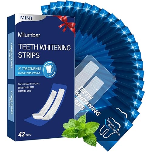 Milumber Teeth Whitening Strips for Sensitive, 42 Strips Whitener Safe Whitestrip, Deep Stains Removal Tooth Whitening, Enamel Safe Non-Slip Dry Strip Technology for Whiter Teeth, Mint