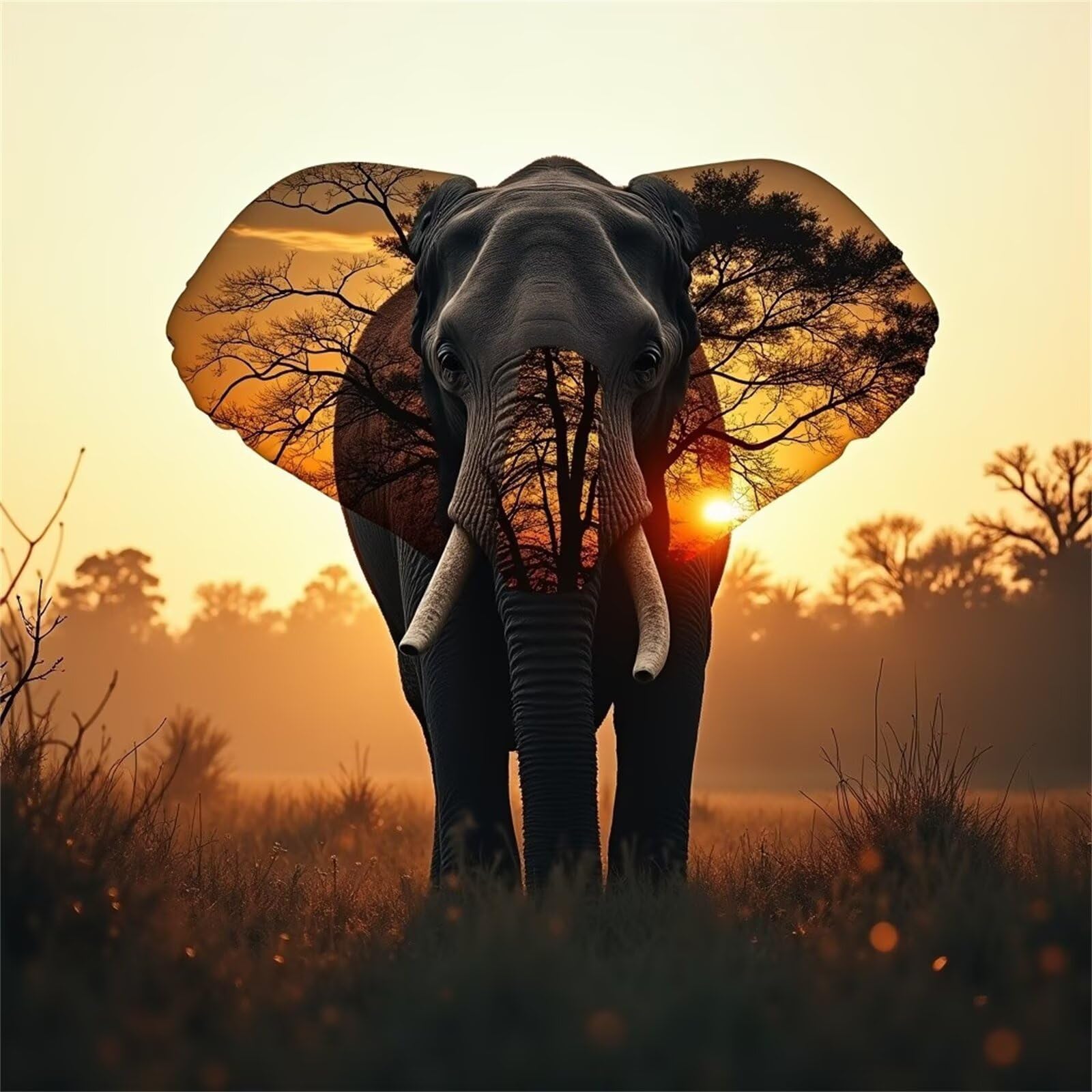 Diamond Painting Paesaggio con elefante al tramonto,Diamond Painting Kit Completo,5D Fai Da Te Adulti Strass Ricamo a Punto Croce per Soggiorno Camera da Letto Decor da Parete Punta quadrata 95x95cm