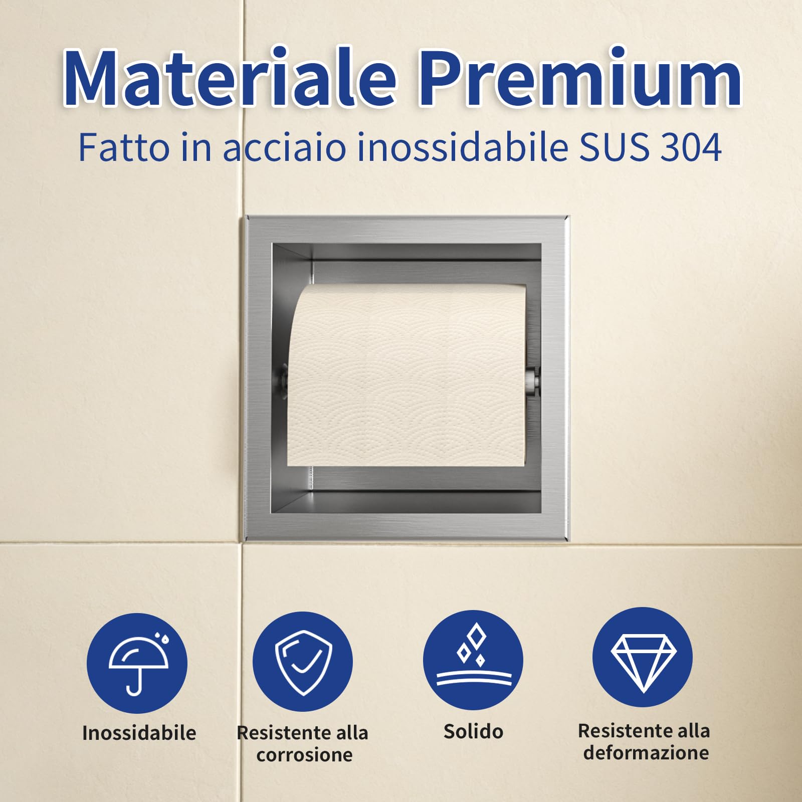 Porta carta igienica da incasso, in acciaio inox, per il bagno, 17,3 x 17,3 x 8,7 cm, argento