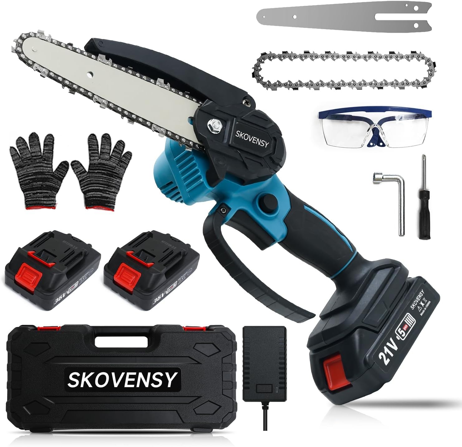 チェーンソー 充電式 ブラシレスモーター コードレス 電動ノコギリ ハンディチェーンソー 2つのバッテリー ハンド ポータブル ミニ 電動のこぎり 日本語取扱説明書 2セットのガイドバーとチェーン BLUE-A