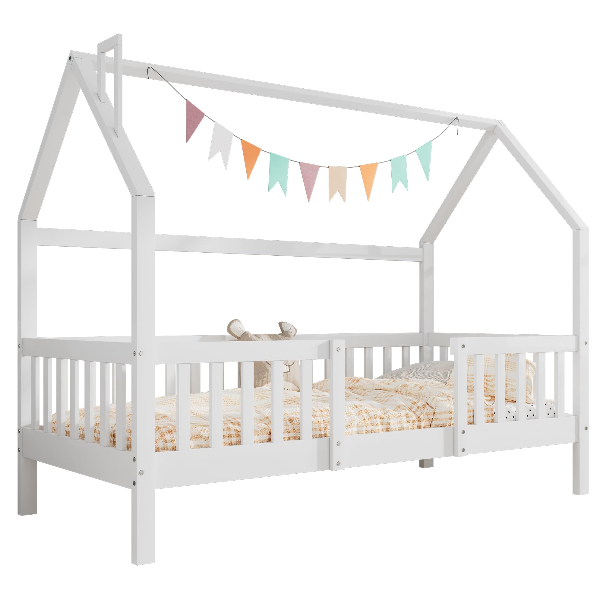 Merax Hausbett 90x200cm, Kinderbett Mit Lattenrost, Holz Bett für Kinder mit Bettkasten, Kinder und Jugendzimmer, Kiefernholz Haus Bett for Kids, Ohne Matratze, Weiß