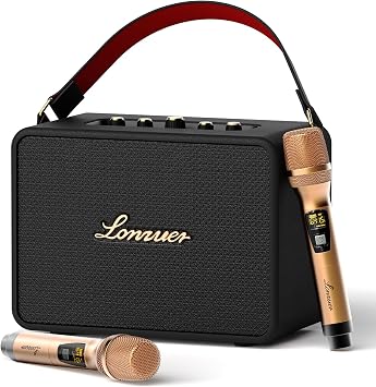 18000mAh Rechargeable 120W Loud Bass Retro Portable Karaoke Machine Bluetooth Speaker with 2 Wireless Microphones AUX Guitar Input for Adults Black