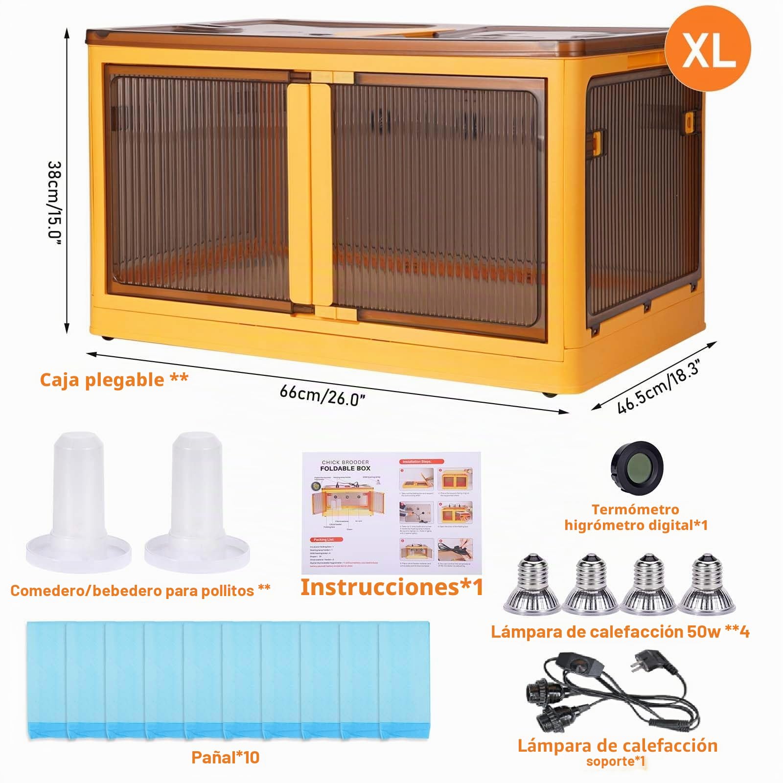 Calentadores Para Gllineros, Criadora De Pollitos, Caja Plegable Con 4 Lámpara De Calor De 50w, Comedero Y Bebedero Automático, Jaula De Cría Para Gatos Y Perros Domésticos (XL)