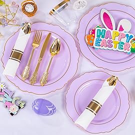 Liacere 350PCS Purple Plastic Plates - Disposable Light Purple and Gold Plates 50guest Baroque Plastic Dinnerware include 100Plates,50Pack Pre Rolled Napkins with Silverware 50Cups for Valentines Day