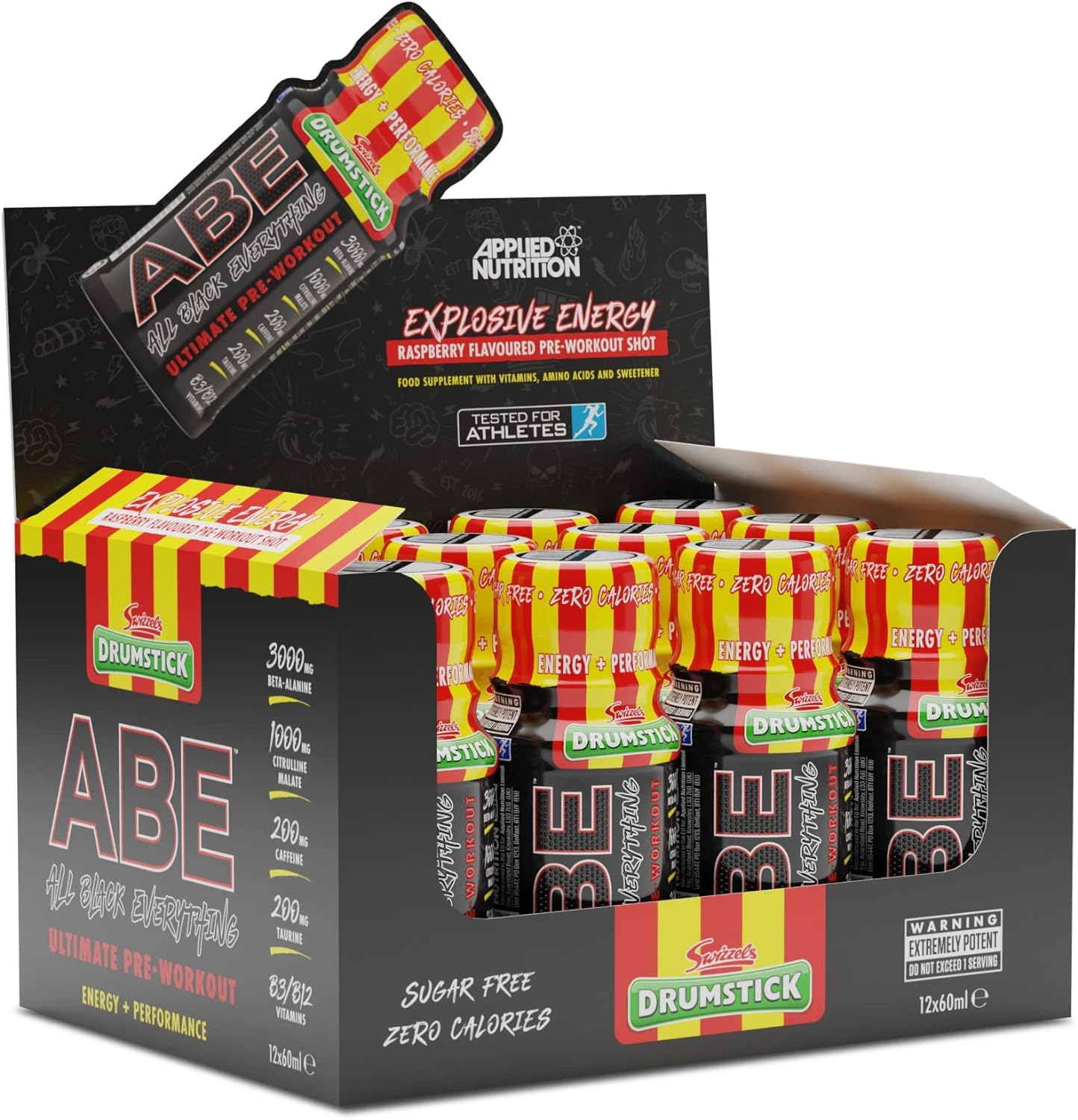 Applied Nutrition ABE Pre Workout Shot - All Black Everything Pre Workout Energy Shots, Physical Performance with Citrulline, Beta Alanine, Caffeine (Box 12 Units x 60ml) (Drumstick)