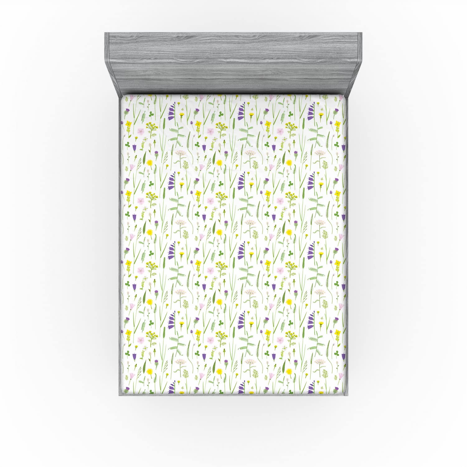 Ambesonne Floral 2 Pack Fitted Sheet, Delicate Wild Flowers, Bed Cover All-Round Elastic Deep Pockets 2 Pieces, Package Contains 2 Full Size Fitted Sheets, Green Lime