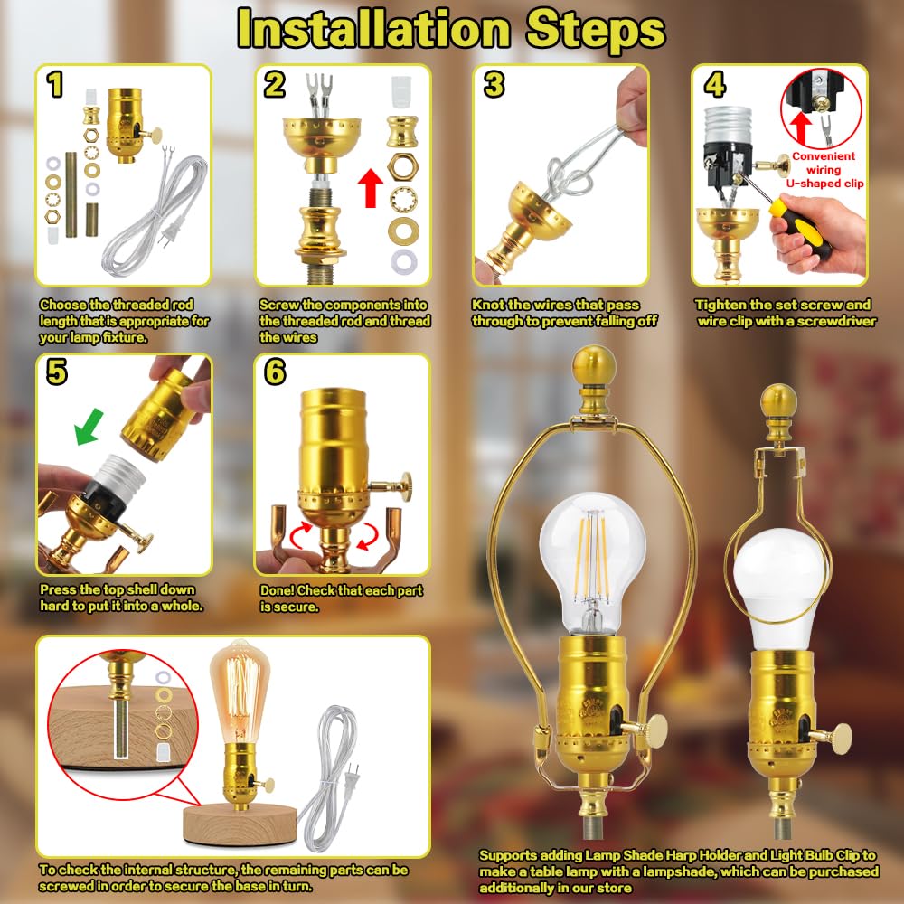 Lamp Rewire Kit Lamp Socket Replacement Kits 12 FT Matching Cord Plug Set with Essential Hardware Lamp Making Supplies for DIY Repair Wiring Assembly E26 Table Floor Light Part - Antique Gold
