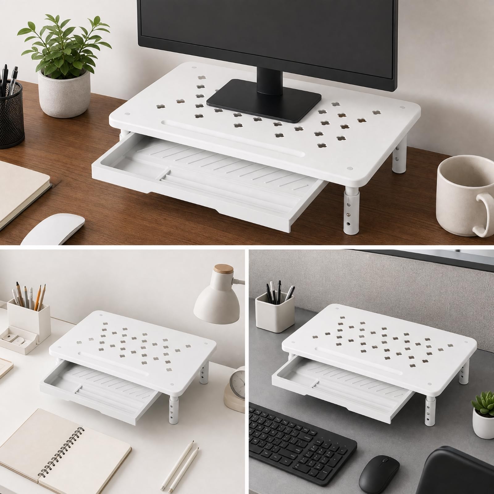 B Baosity Soporte Pantalla Escritorio con Cajón Ventilado Elevador Pantalla Altura Ajustable Base Elevadora con Cajón Extraíble para Oficina,
