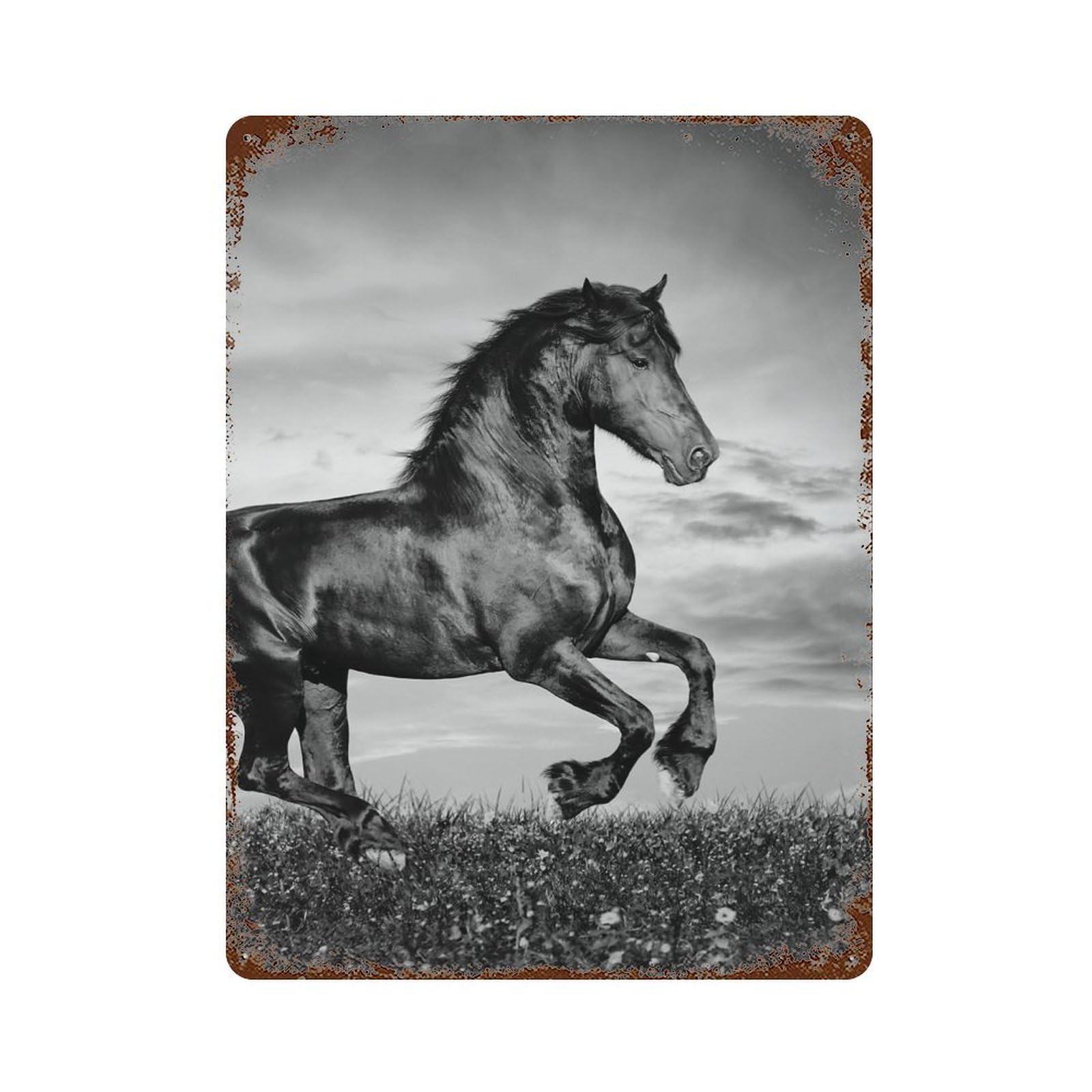 Black Horse Galloping in Grayscale Rust Effect Tin Sign 15.7"x11.8", Industrial Home Decor for Bistro, Counter And Cafe Decor