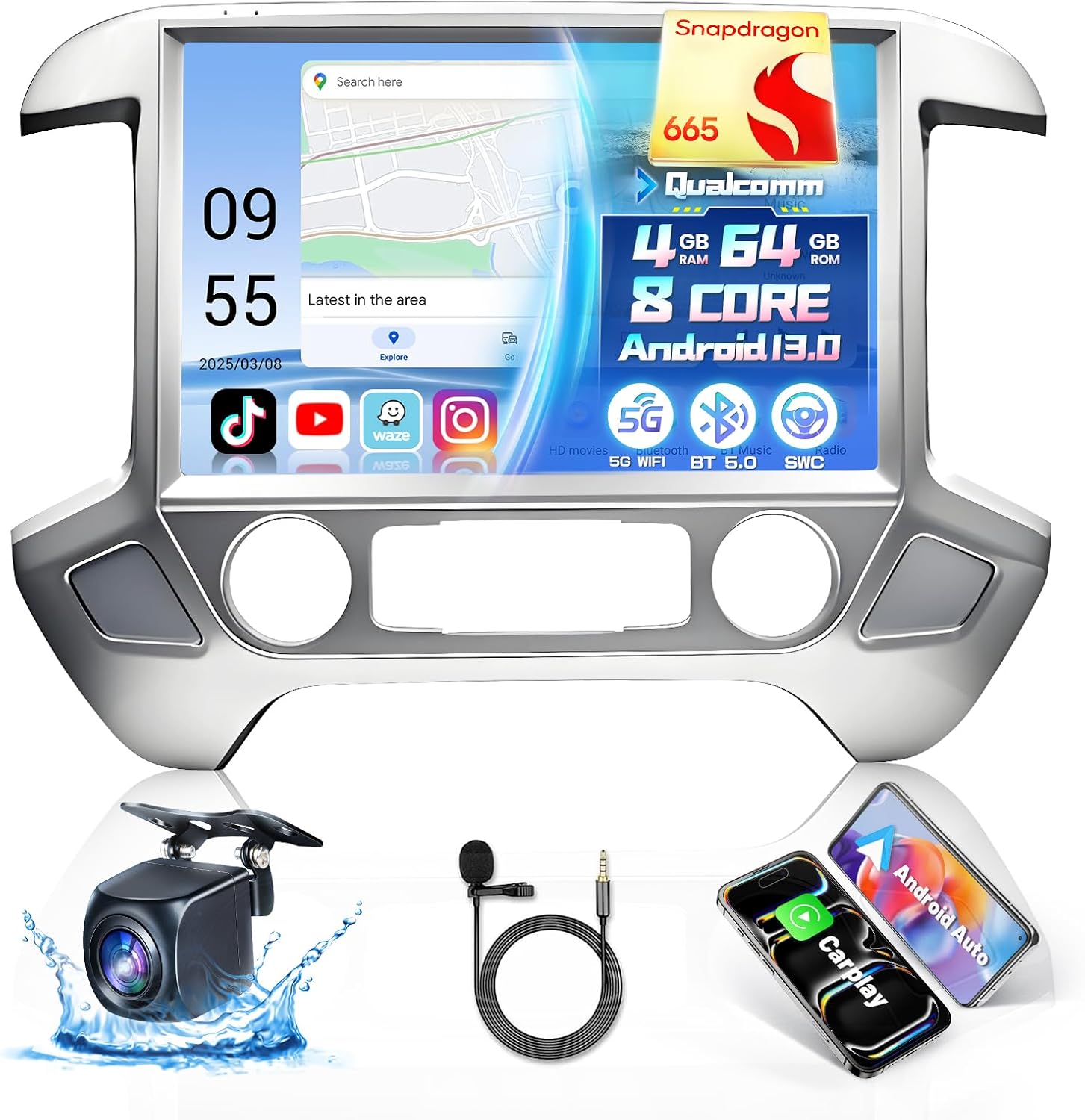 2K Screen Android 13 Car Radio for Chevy Silverado GMC Sierra 2014-2018,13.1" T-Style Qualcomm 8Core Sierra Stereo with Carplay Android Auto GPS 5Ghz WiFi SWC Backup Camera,4+64GB Silver