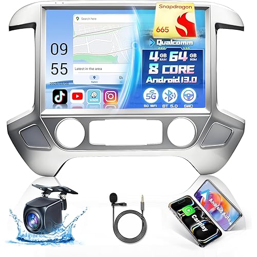 2K Screen Android 13 Car Radio for Chevy Silverado GMC Sierra 2014-2018,13.1" T-Style Qualcomm 8Core Sierra Stereo with Carplay Android Auto GPS 5Ghz WiFi SWC Backup Camera,4+64GB Silver