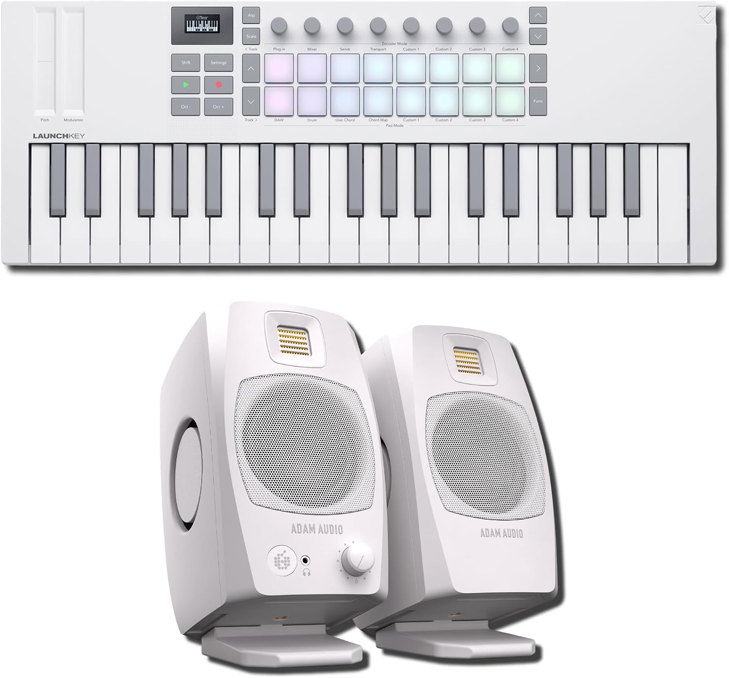 Novation Launchkey Mini 37 MK4 White MIDI Controller Bundle with ADAM Audio D3V Desktop Monitors — All-White USB-C Kit for Music Production, Streaming, Content Creation, Beat Making
