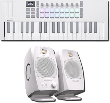 Novation Launchkey Mini 37 MK4 White MIDI Controller Bundle with ADAM Audio D3V Desktop Monitors All-White USB-C Kit for Music Production, Streaming, Content Creation, Beat Making