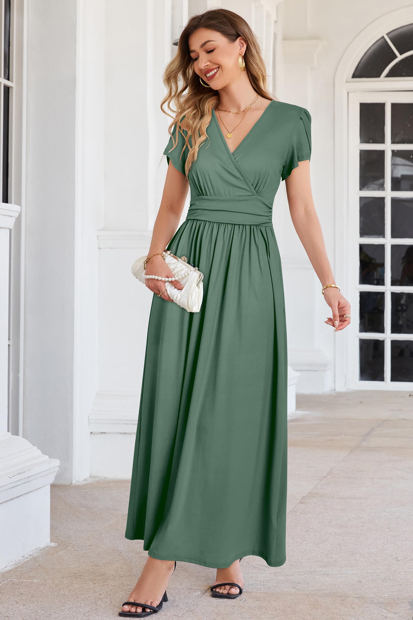 OUGES Damen Maxi Umstandskleider Sommer Stillkleid V-Ausschnitt Kleider für Schwangere Wickelkleid