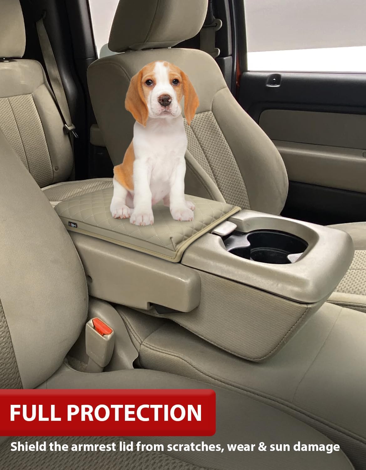 KBH Center Console Armrest Cushion Cover for Ford F150 2004 2005 2006 2007 2008 2009 2010, 40/20/40 Jump Seat, Vinyl Leather Trim, Anti-Scratch, Beige