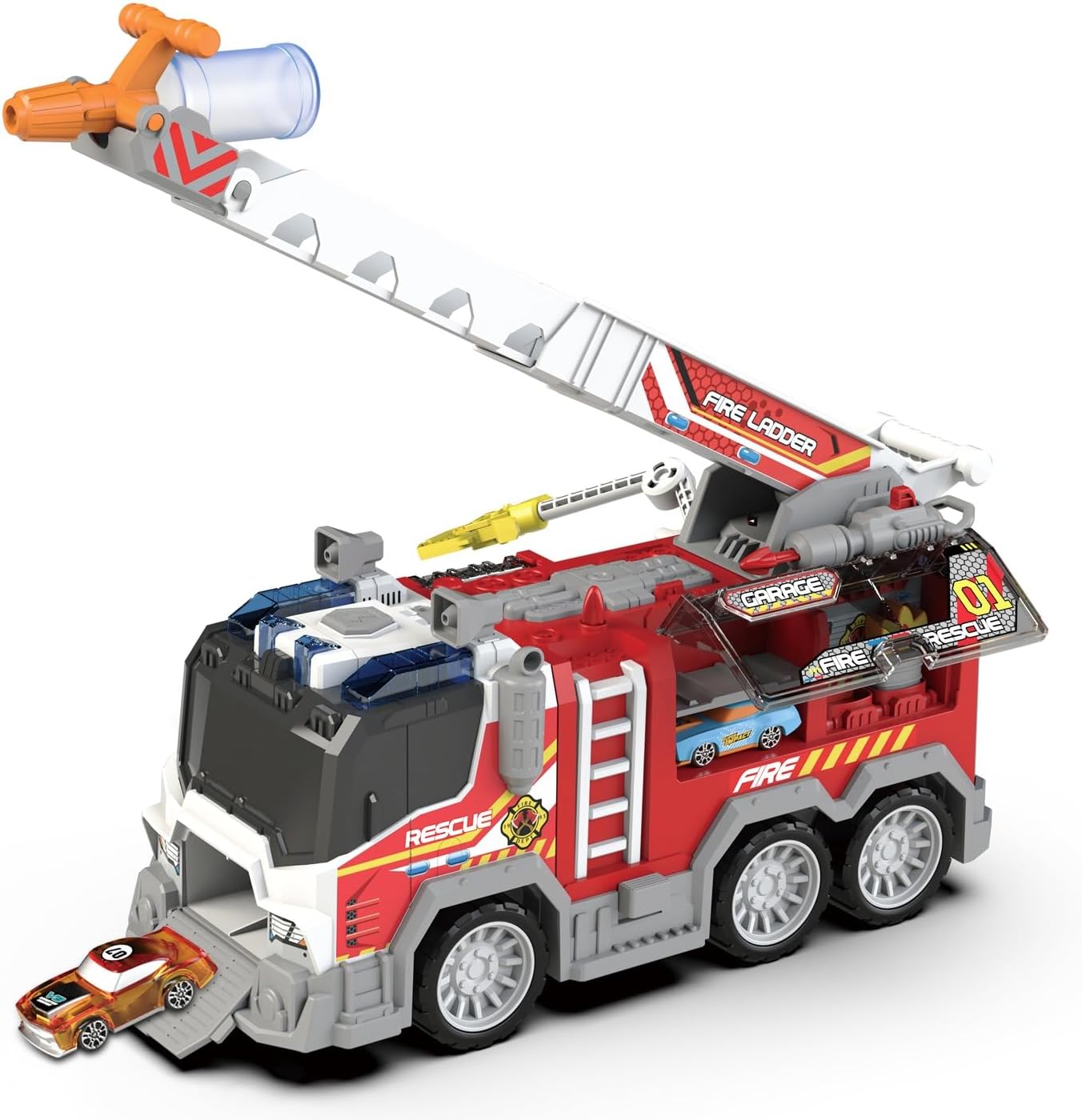 Toddler Fire Truck Toy with Water Spray | Firetruck Toy for Kids | Light & Sound Effects | Adjustable Angle & Length | Firefighter Toys | Holiday and Birthday Gifts for Boys & Girls