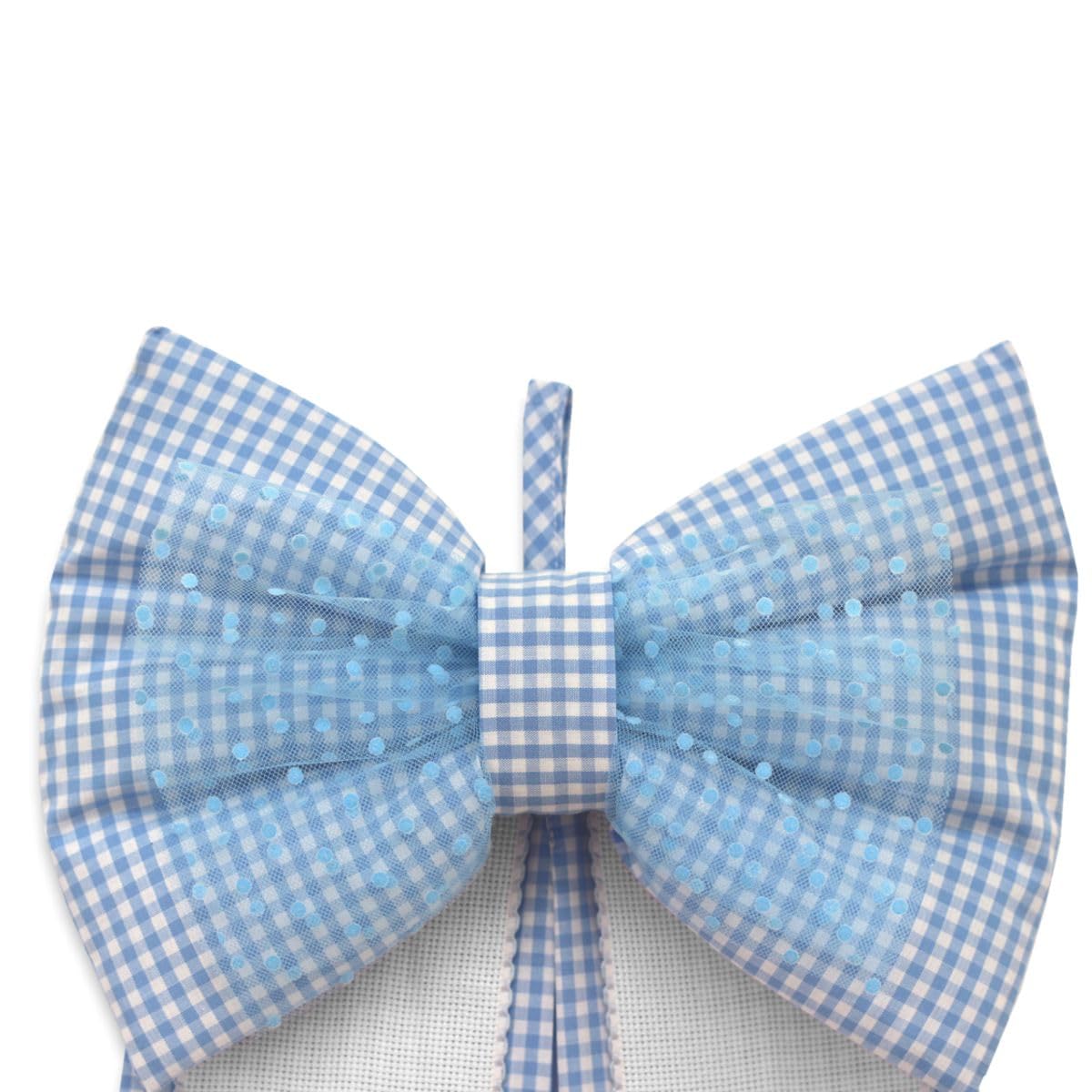 Fiocco Nascita da ricamare a punto croce, Coccarda Nascita da ricamare a punto croce, Banda in tela Aida, fantasia quadretto e fiocco in tulle con cuoricini (07 Azzurro)