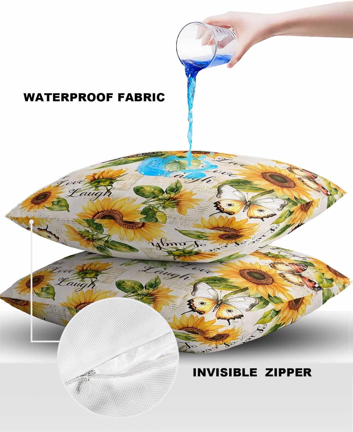 Outdoor Pillow Covers Waterproof Pillow Cases Protector Summer Farm Sunflower Pillowcase Pack of 2 Love Laugh Butterfly on Letter Throw Cushion Case for Pation Furniture,Couch,26X26IN