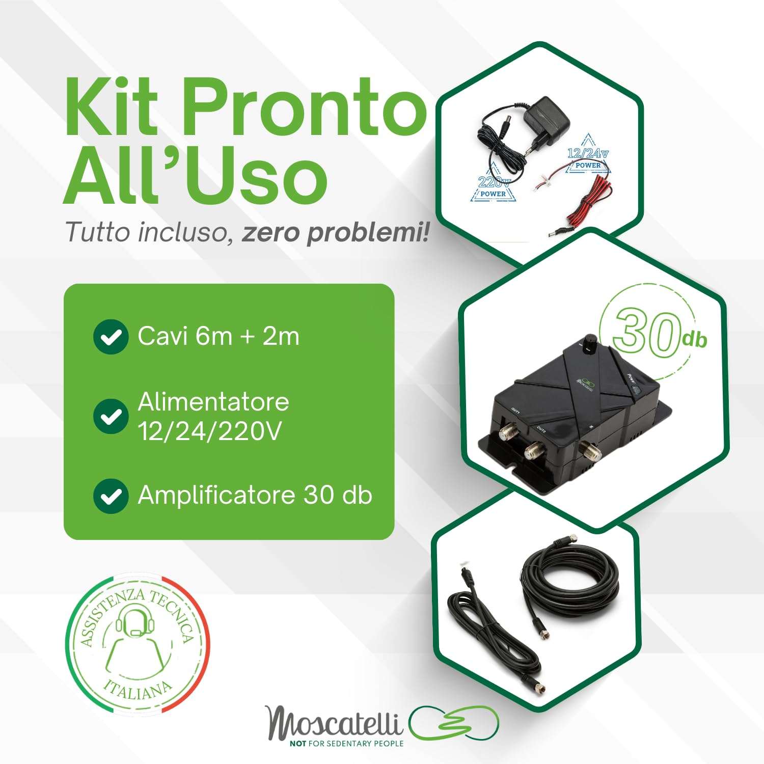 MOSCATELLI Antenna TV Camper Omnidirezionale DVB-T/T2 per Interno/Esterno – Antenna Camper 12/24/220V con Filtro LTE 4G – Kit Completo con Amplificatore Potente e Cavi Coassiali – Nero