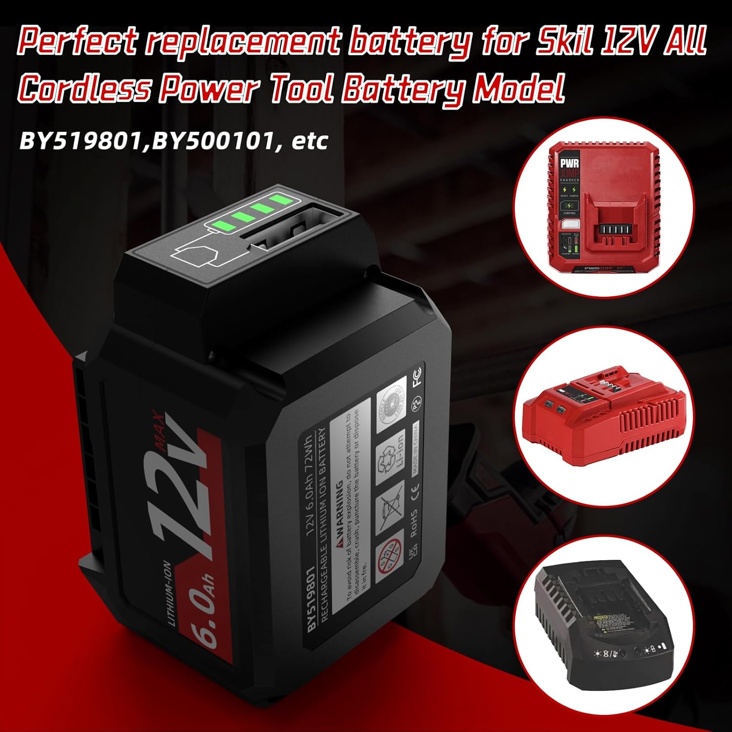 SAPBJ 2 Pack 12V 6.0Ah Replacement Battery for Skil 12V Battery, Compatible with PWRCORE 12 Series Cordless Tools Bateria BY519801 BY500101 - Image 6